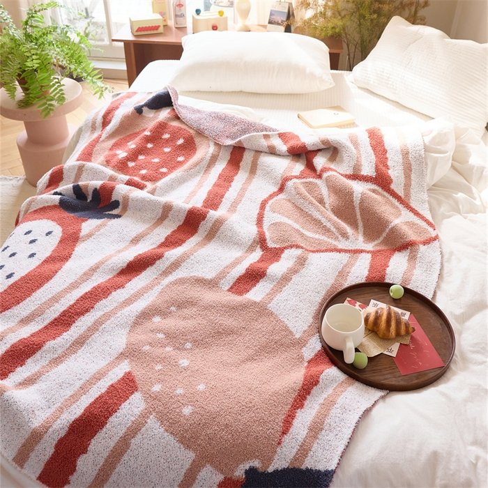 Jacquard Knitted Half Fleece Throw Blanket, Off-white Base with Red Stripe & Fruit Pattern, Spread View