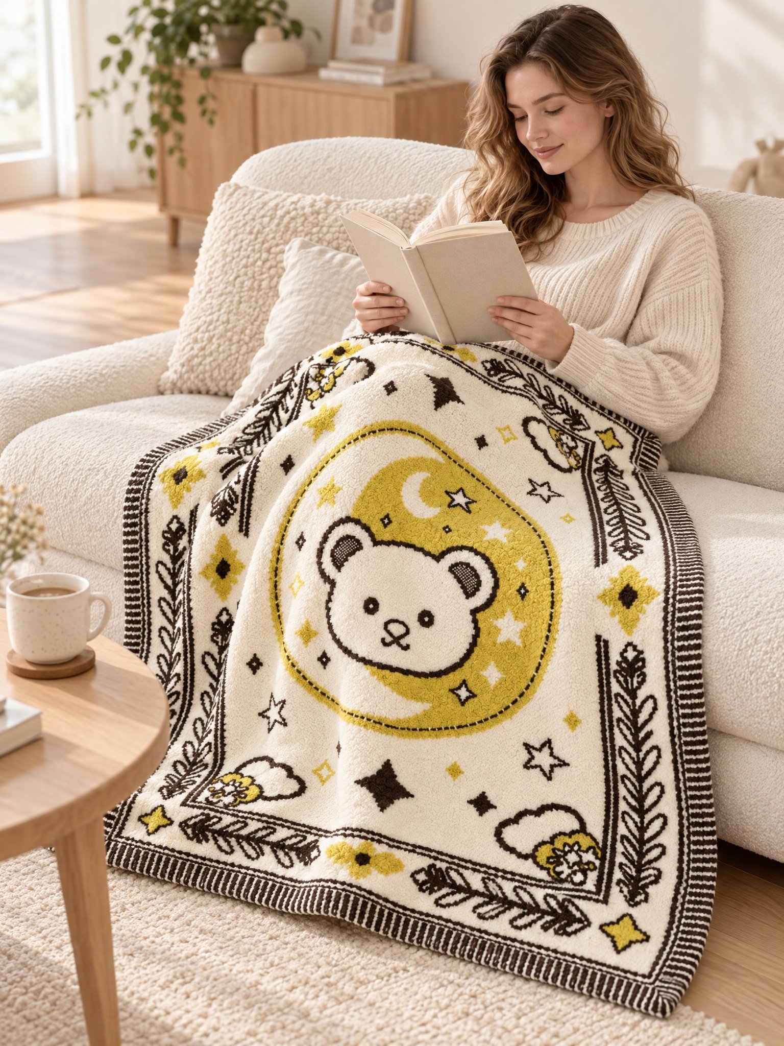 Full Spread Half-fleece Throw Blanket, Off-white Yellow Brown Bear Moon Star Jacquard Pattern