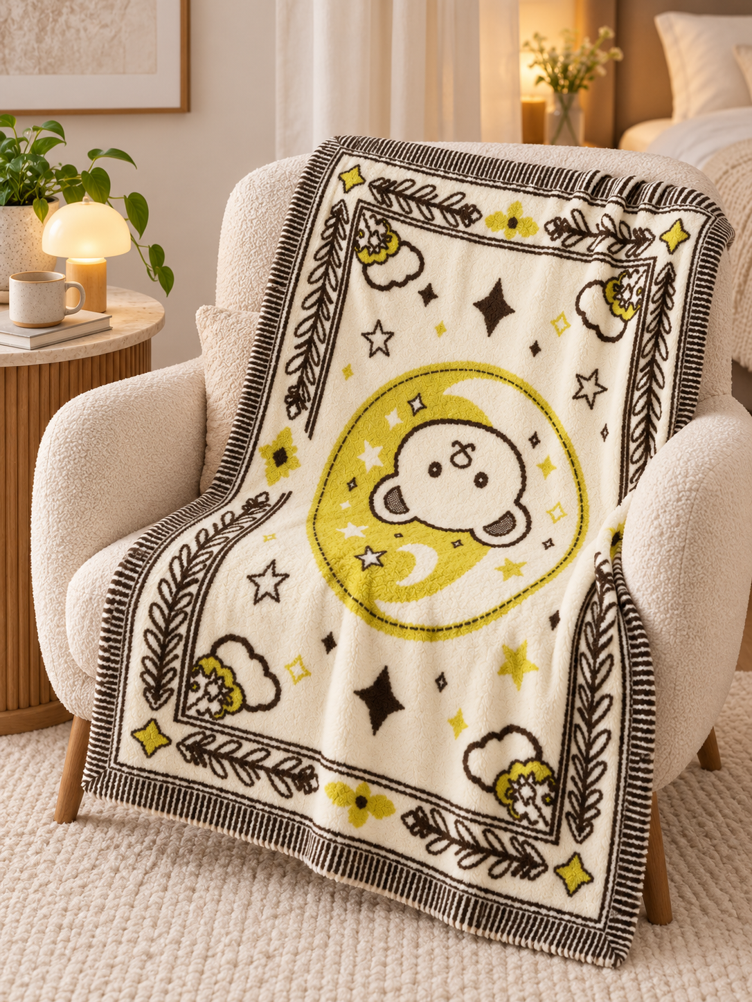 Half-fleece Jacquard Throw Blanket, Off-white Yellow Brown Bear Moon Star Border Pattern