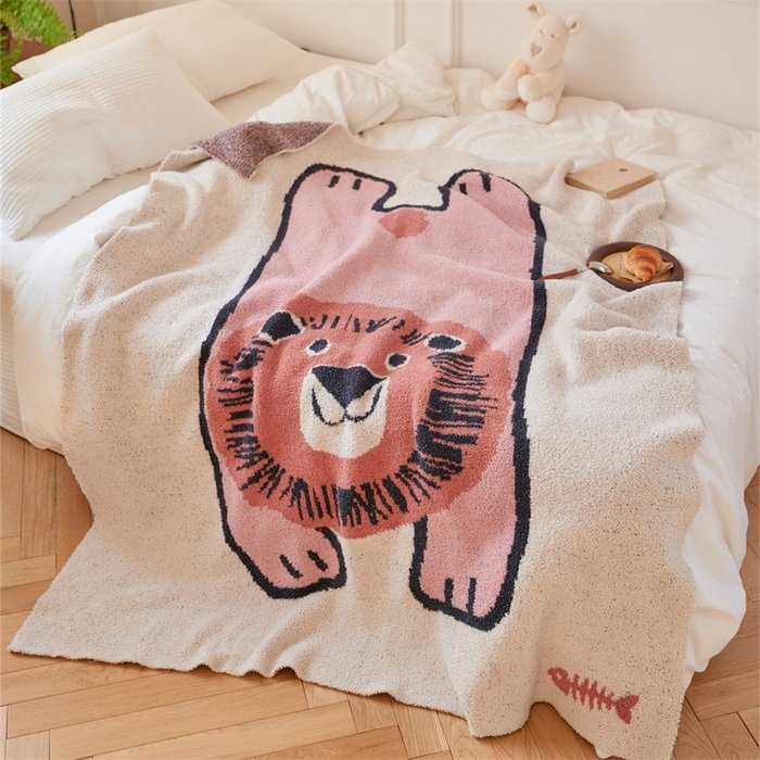 Jacquard Knitted Half Fleece Throw Blanket, Oatmeal Base with Pink Cartoon Lion Pattern, Spread View