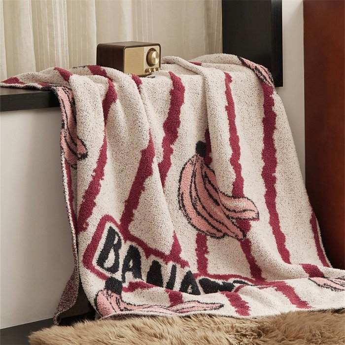 Soft Chenille Half Fleece Throw Blanket, Jacquard Woven Banana & Stripe Pattern, Draped Display