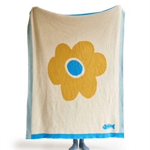 Full Size Jacquard Half Fleece Throw Blanket, Oatmeal Base with Yellow Flower & Blue Border, Hang View