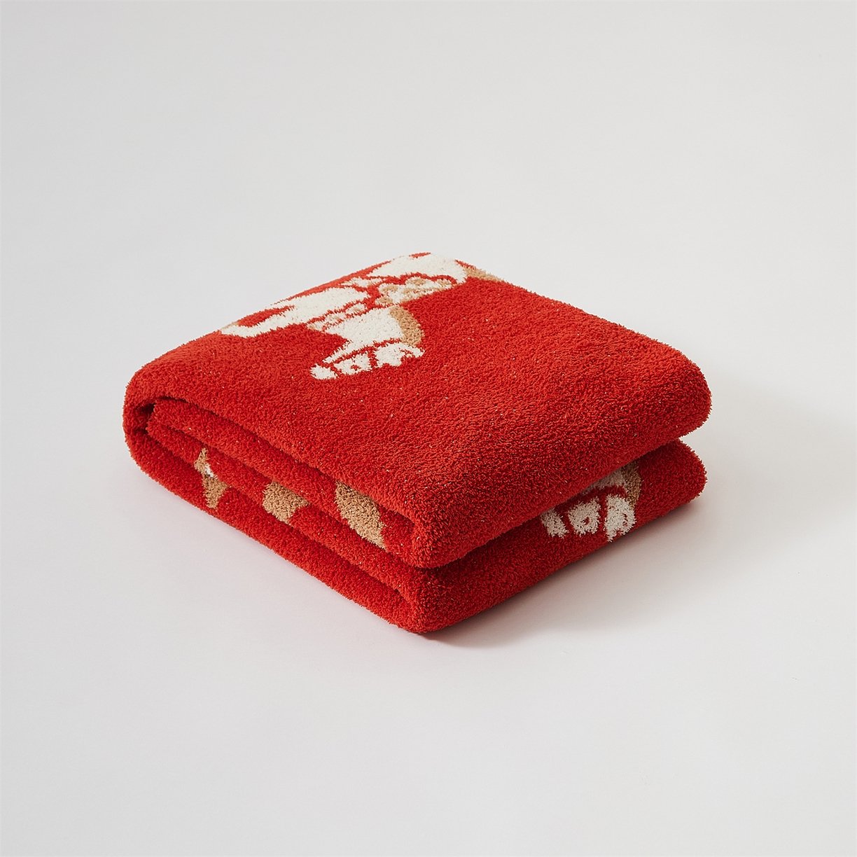 Jacquard Knitted Half Fleece Throw Blanket, Red with White Horse Pattern, Full Draped Display