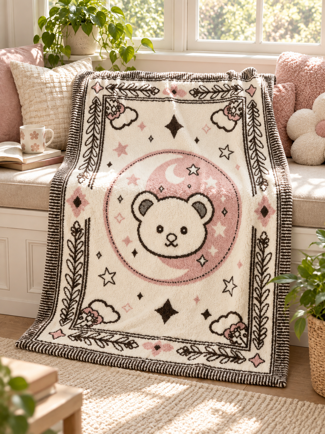 Half-fleece Jacquard Throw Blanket, Off-white Bear Moon Star Decorative Border Pattern