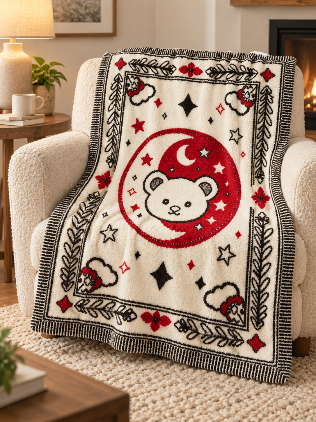Half-fleece Throw Blanket, Off-white Red Black Bear Moon Star Jacquard Design