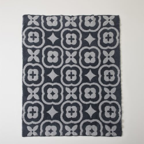 Full Flat Front View Jacquard Half Fleece Throw Blanket, Dark Grey Base with Light Grey Retro Clover Geometric Pattern