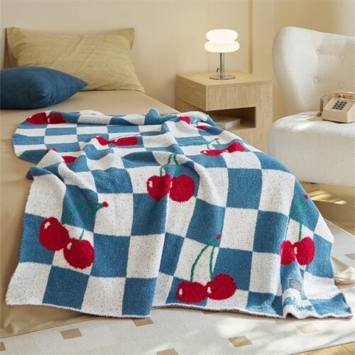 Jacquard Knitted Half Fleece Throw Blanket, Blue & White Checkerboard with Red Cherry Pattern, Spread View