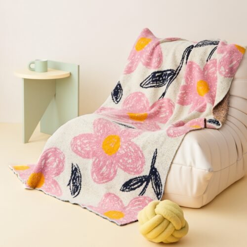 Off-white Half Fleece Reversible Knitted Throw Blanket with Pink Floral Pattern