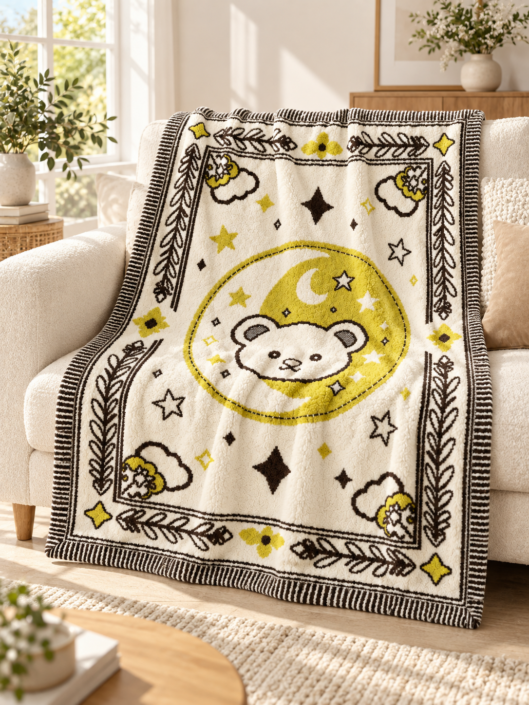 Half-fleece Throw Blanket, Off-white Yellow Brown Bear Moon Star Jacquard Border Design