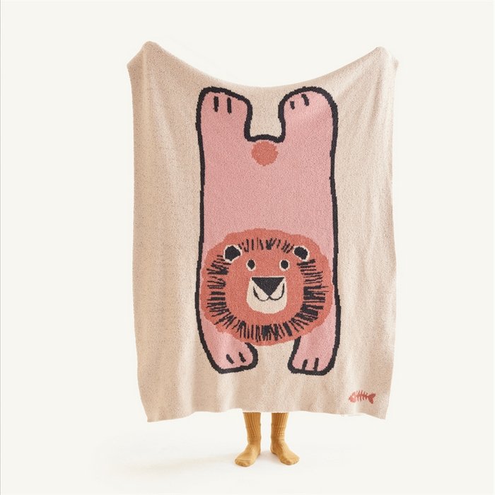 Full Size Jacquard Half Fleece Throw Blanket, Oatmeal Base with Pink Cartoon Lion Pattern, Hang View