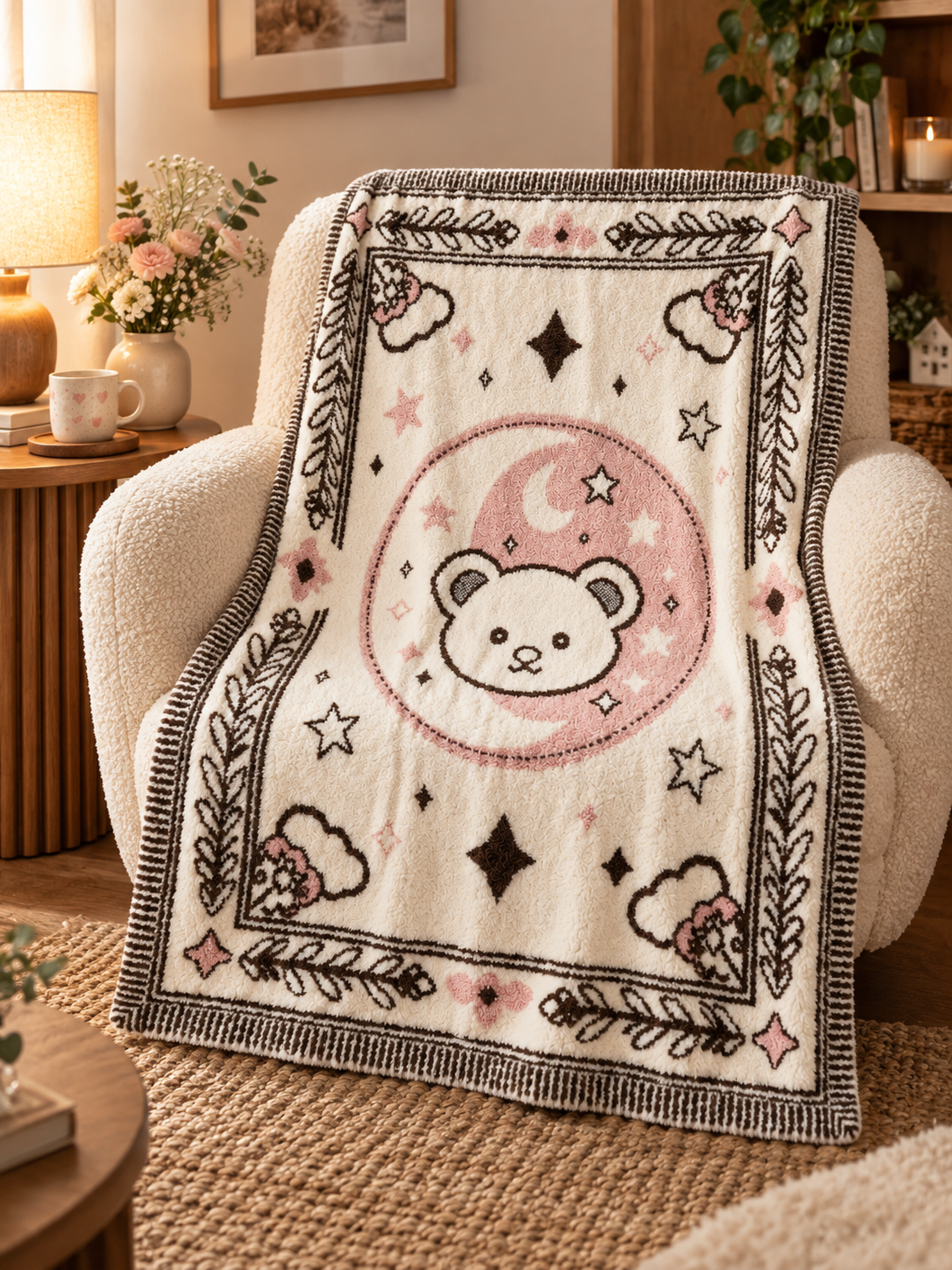 Half-fleece Throw Blanket, Off-white Pink Brown Bear Moon Star Jacquard Design