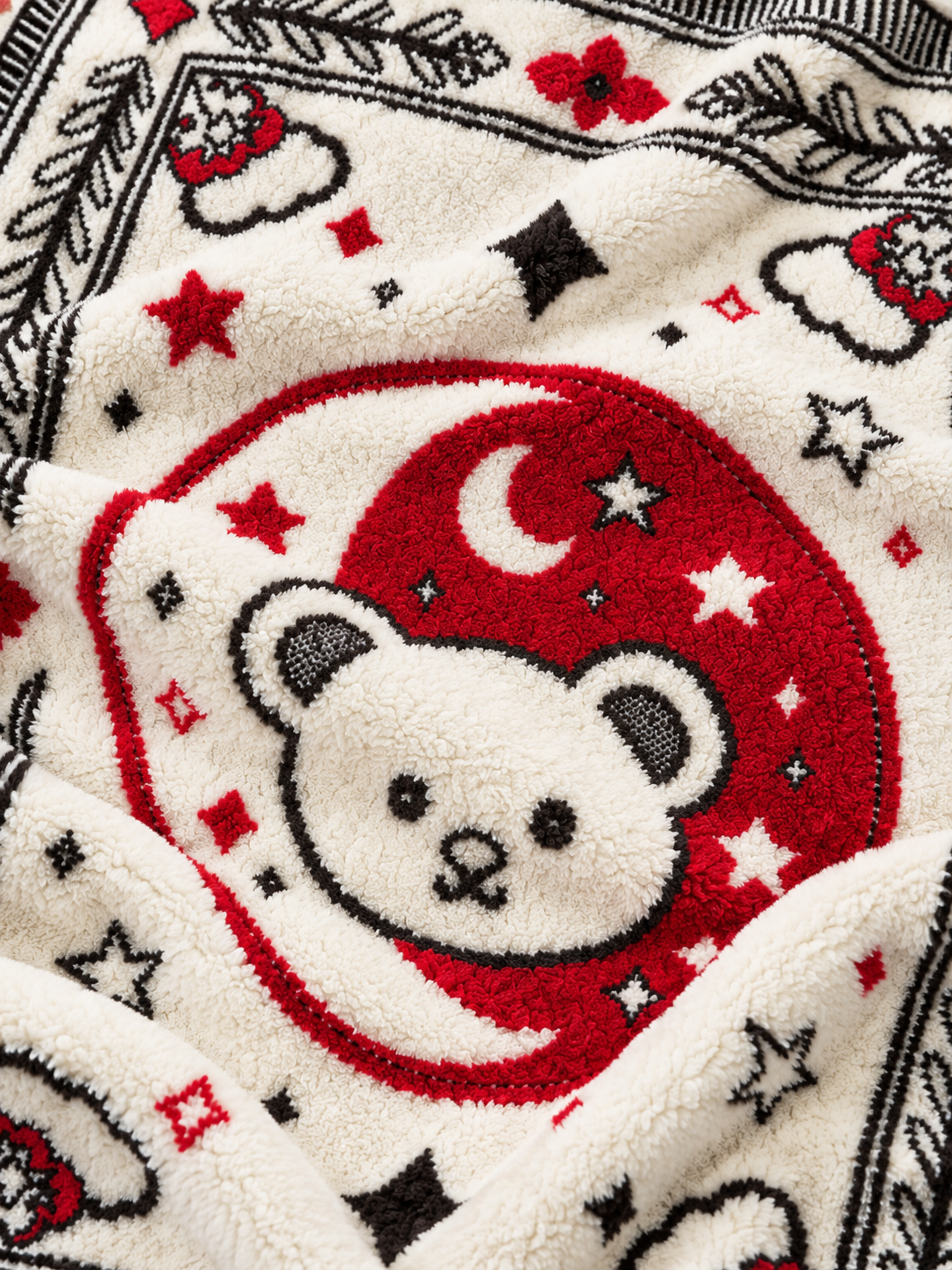 Half-fleece Throw Blanket Fabric Close-up, Jacquard Knit Red Black Off-white Bear Moon Star Pattern