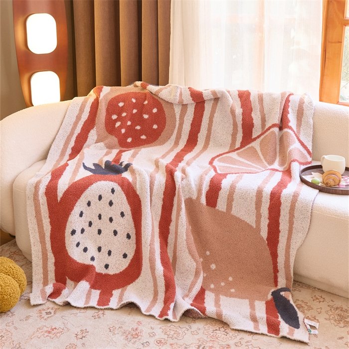 Jacquard Half Fleece Throw Blanket, Off-white Base with Red Stripe & Pomegranate Fruit Pattern, Full Draped View