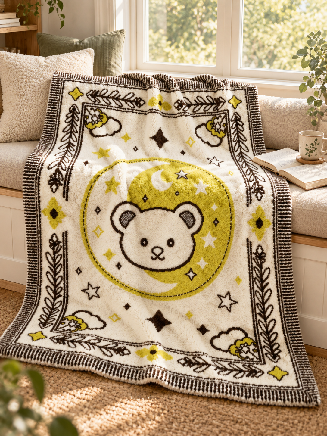 Half-fleece Throw Blanket, Off-white Yellow Brown Bear Moon Star Decorative Jacquard Pattern
