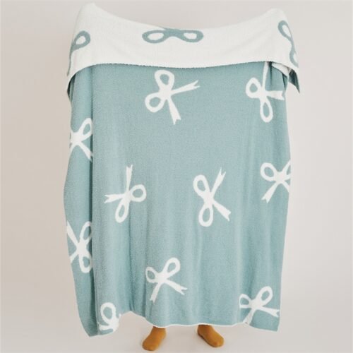 Full Size Jacquard Half Fleece Throw Blanket, Light Blue Base with White Bow Pattern, Hang View