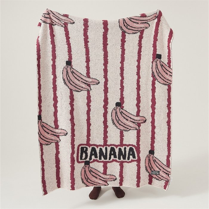 Folded Half Fleece Throw Blanket, Reversible Jacquard Banana & Burgundy Stripe Pattern