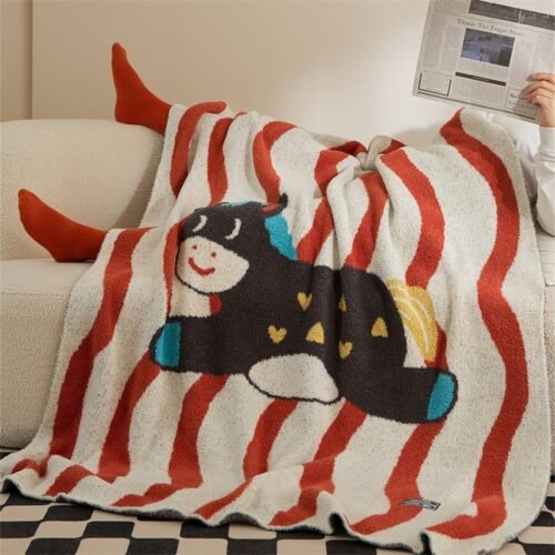 Folded Off-white & Red Wavy Striped Half Fleece Knitted Throw Blanket with Cartoon Horse Pattern