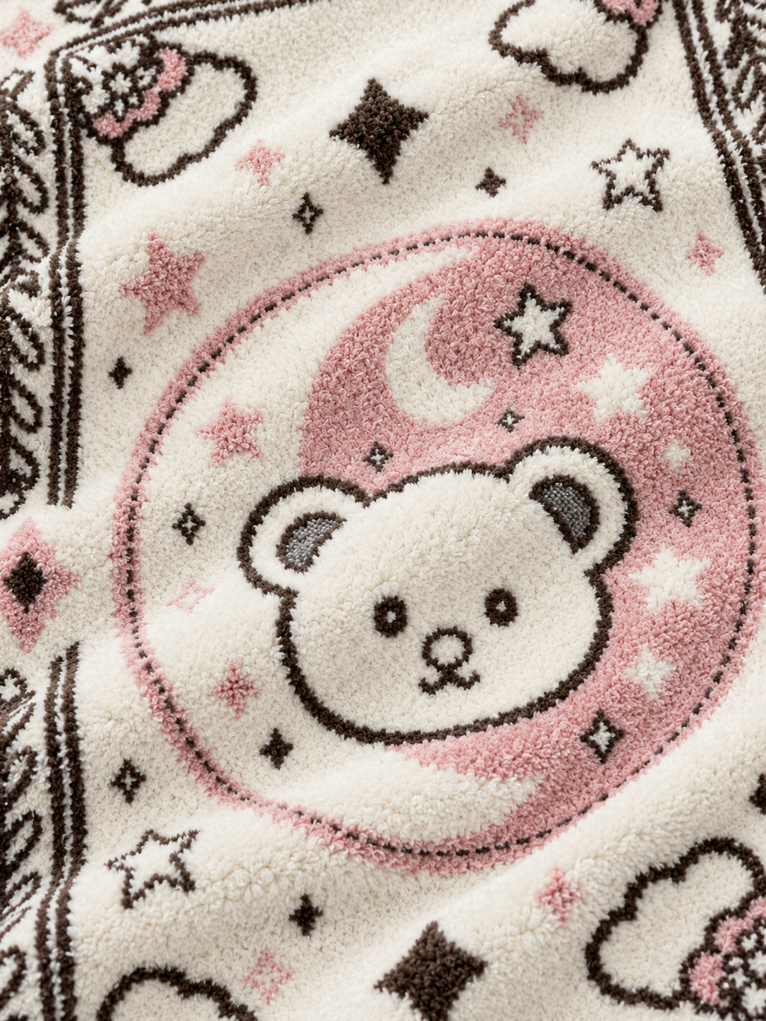 Half-fleece Throw Blanket Fabric Close-up, Jacquard Knit Bear Moon Star Pattern