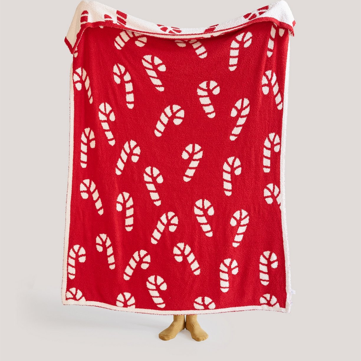 Full Size Jacquard Half Fleece Throw Blanket, Red Base with White Christmas Candy Cane Pattern, Hang View