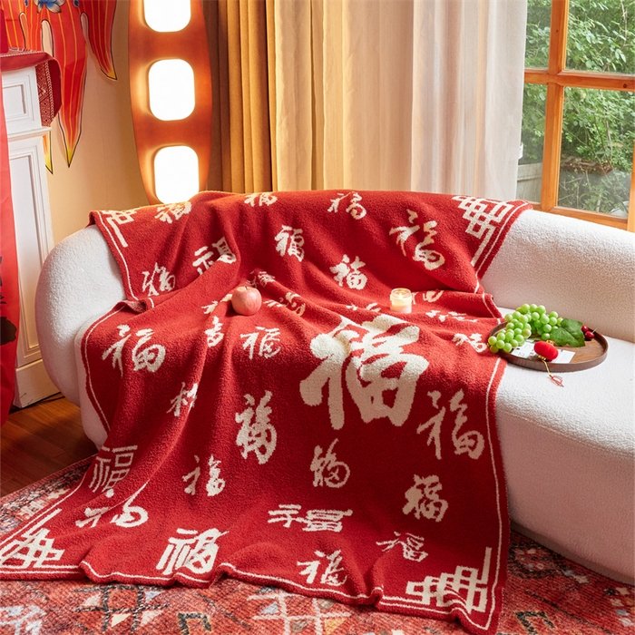 Jacquard Half Fleece Throw Blanket, Red Base with Off-white Chinese Fu Character Pattern, Full Draped View