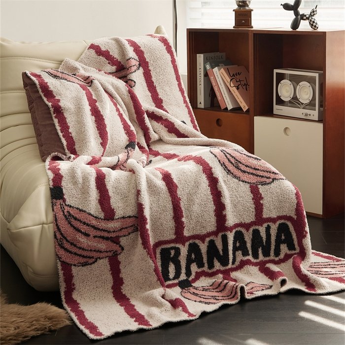 Full Size Jacquard Knitted Half Fleece Throw Blanket, Off-white with Banana Stripe Pattern