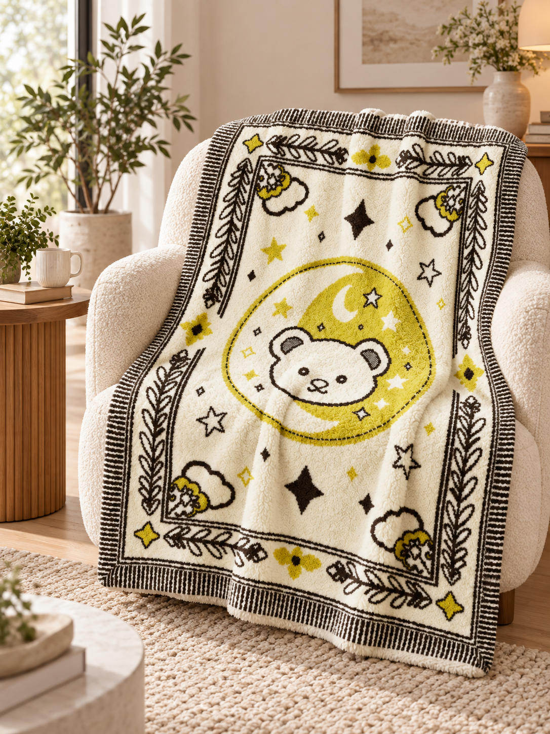 Half-fleece Jacquard Throw Blanket, Off-white Yellow Brown Bear Moon Star Pattern
