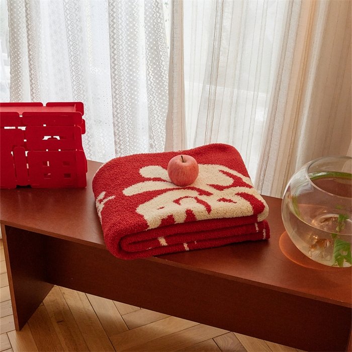 Folded Jacquard Half Fleece Throw Blanket, Red Base with Off-white Chinese Fu Character Pattern