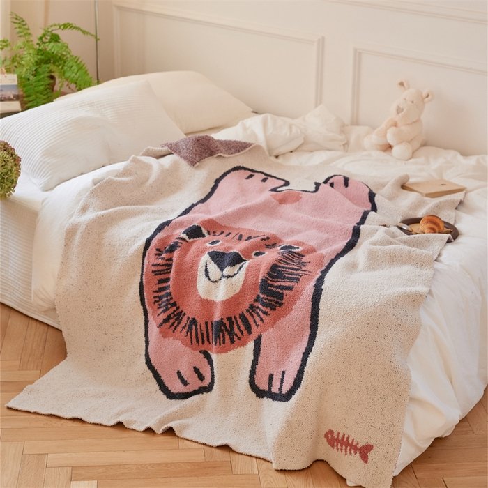 Jacquard Half Fleece Throw Blanket, Oatmeal Base with Pink Cartoon Lion Pattern, Bed Spread View