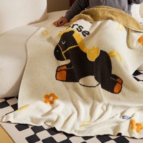 Flat Lay Off-white Half Fleece Knitted Throw Blanket with Cartoon Trojan Horse Pattern