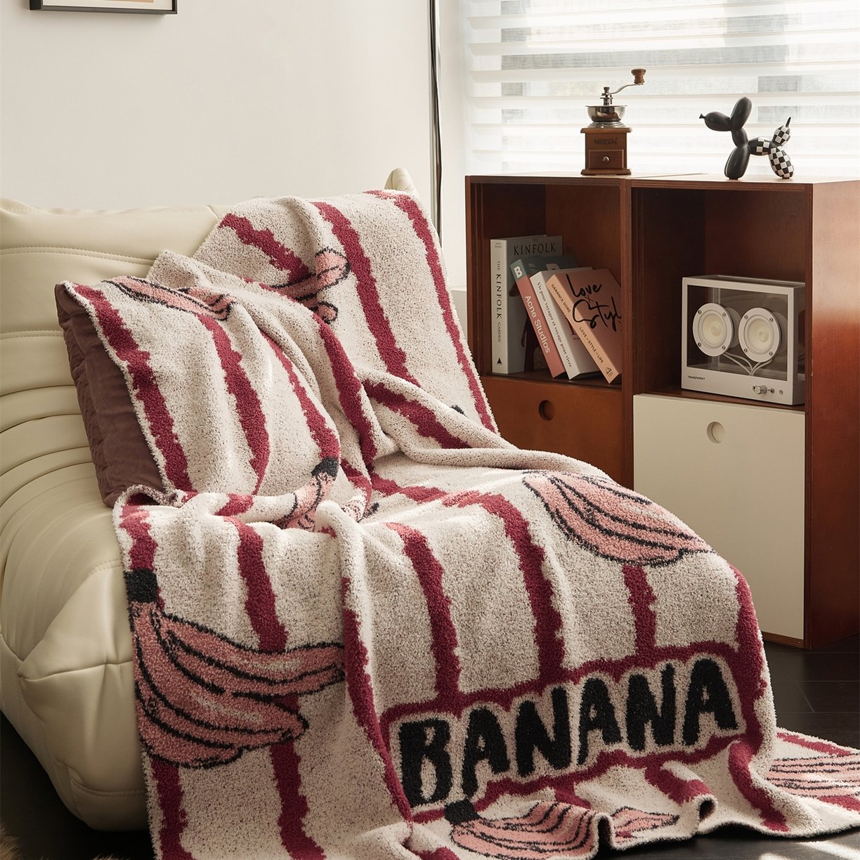 Jacquard Knitted Half Fleece Throw Blanket, Pink Banana Motif & Burgundy Stripe Pattern, Spread View