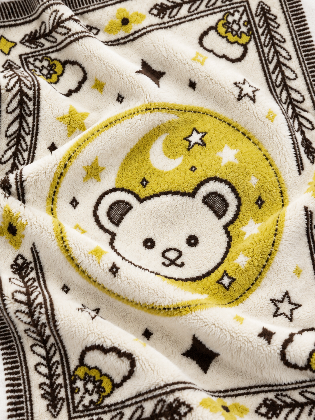 Half-fleece Throw Blanket Fabric Close-up, Jacquard Knit Yellow Brown Bear Moon Star Pattern