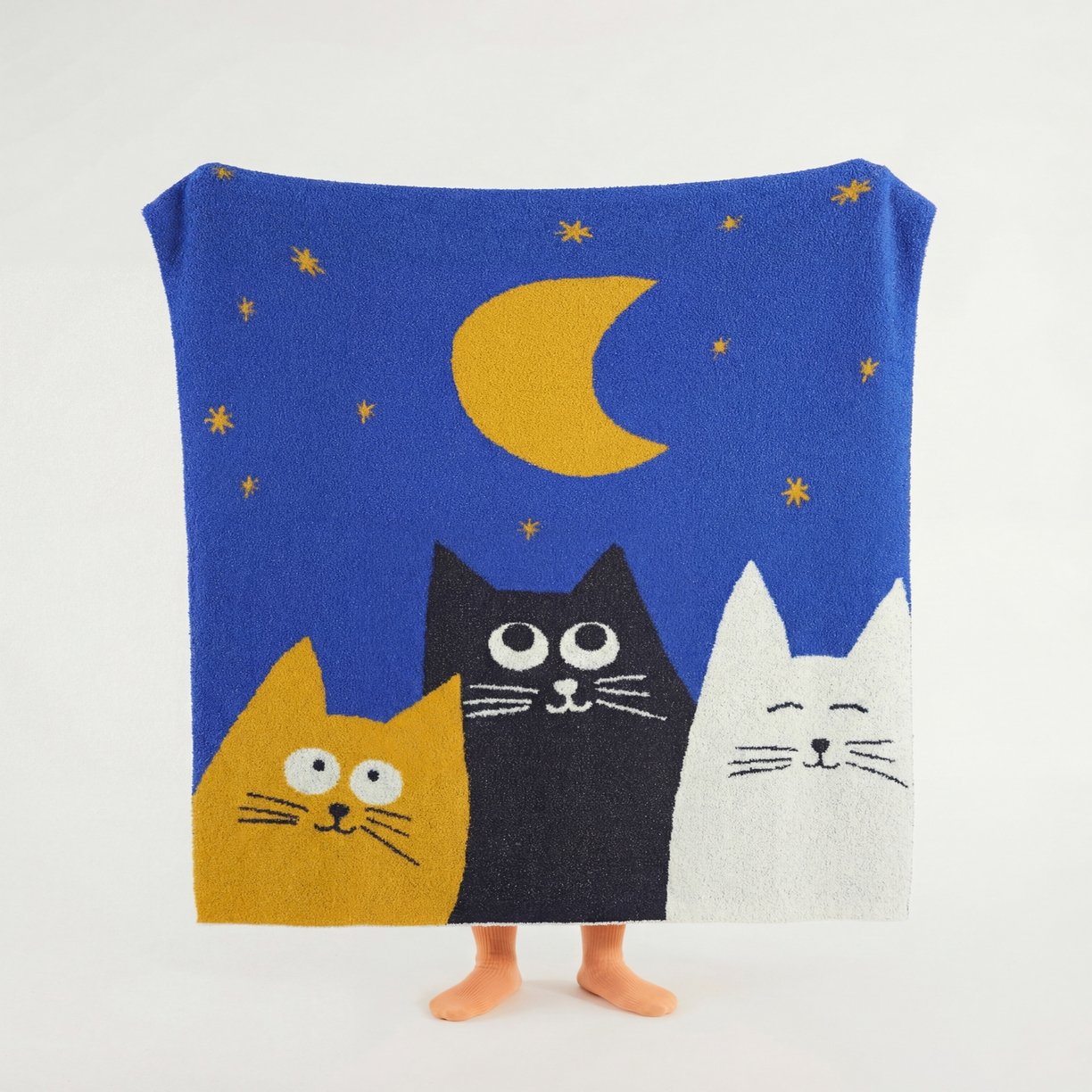 Blue Half Fleece Knitted Throw Blanket with Cartoon Cat and Moon Pattern Detail View