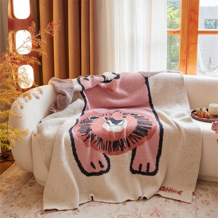 Jacquard Knitted Half Fleece Throw Blanket, Oatmeal Base with Pink Cartoon Lion Pattern, Draped View