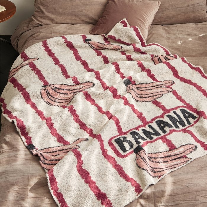 Chenille Half Fleece Throw Blanket, Jacquard Banana & Stripe Pattern, Fabric Texture Display