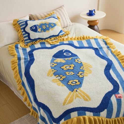 Blue & White Striped Half Fleece Knitted Throw Blanket with Floral Fish Pattern and Yellow Ruffled Border, Top-down Flat View