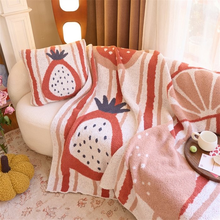 Jacquard Half Fleece Throw Blanket with Matching Pillow, Off-white Base with Red Stripe & Pomegranate Pattern, Draped Display