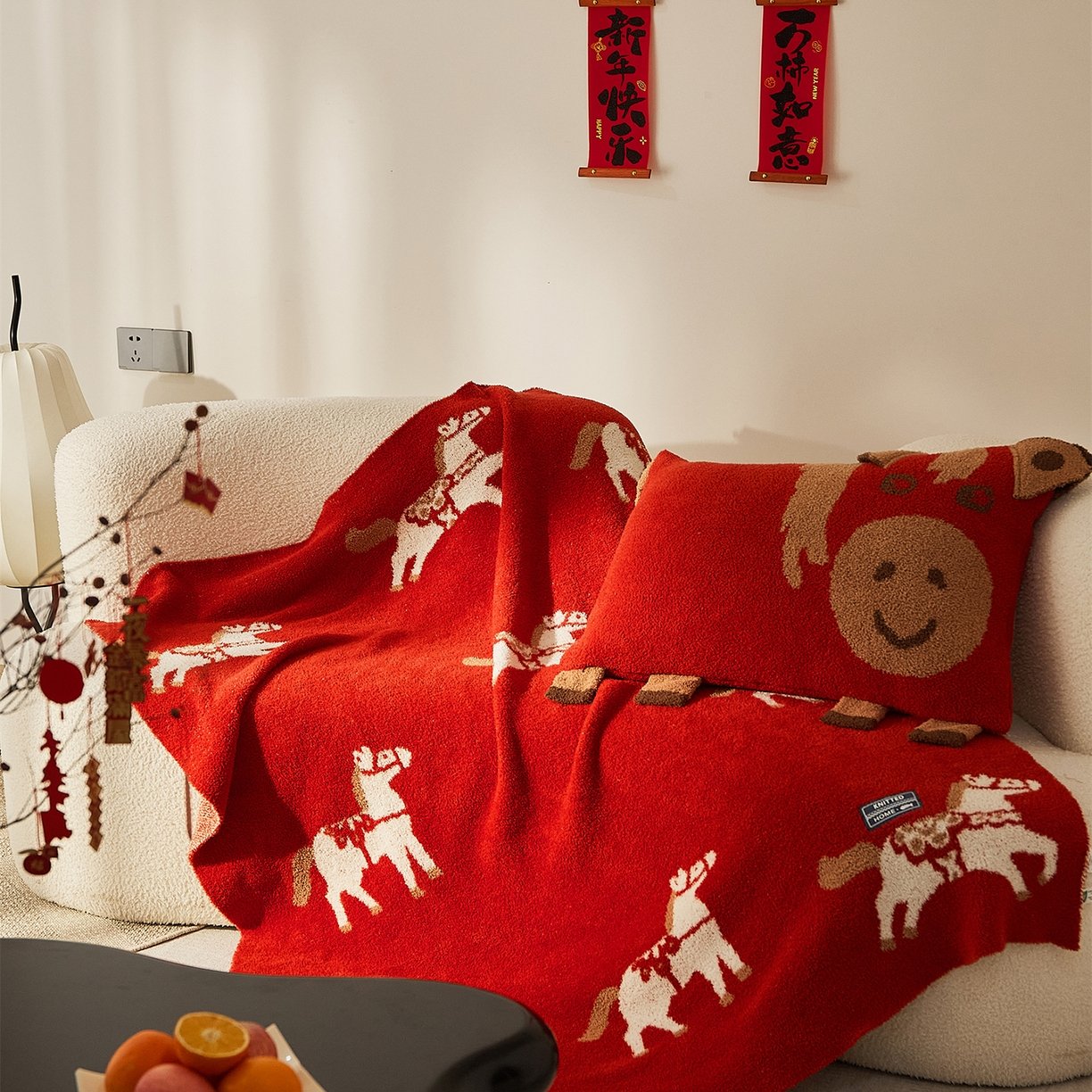 Jacquard Half Fleece Throw Blanket, Red with White Horse Pattern, Unfolded Draped View