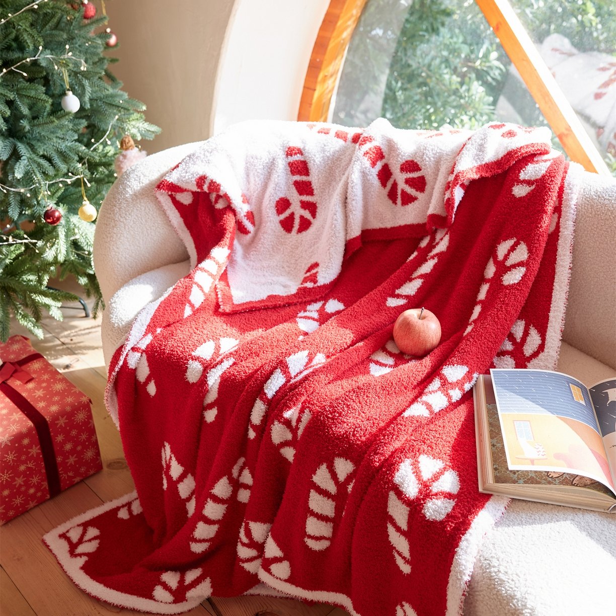 Reversible Half Fleece Throw Blanket, Red & White Candy Cane Jacquard Pattern, Draped View