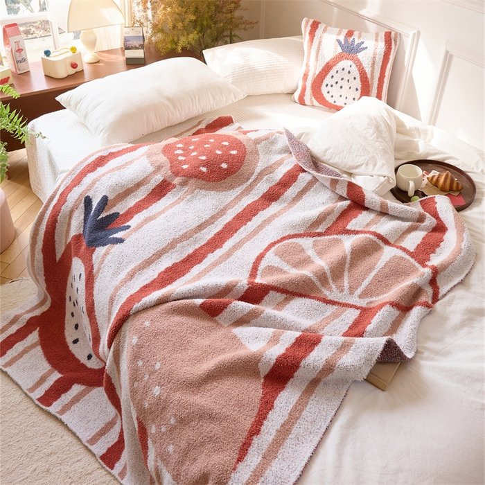Jacquard Knitted Half Fleece Throw Blanket with Matching Pillow, Off-white Base with Red Stripe & Fruit Pattern, Bed Spread View