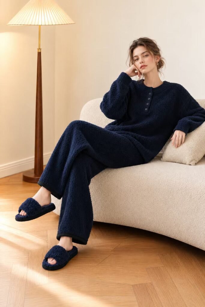 Women's Dark Navy Half Fleece Loungewear Set, Crew Neck Half Placket Long Sleeve Top & Wide Leg Trousers, Solid Color, Soft Fluffy Finish
