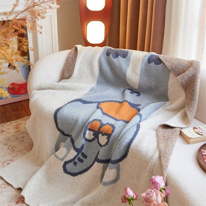 Jacquard Half Fleece Throw Blanket, Oatmeal Base with Blue Cartoon Elephant Pattern, Top Spread View