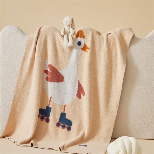 Apricot Half Fleece Knitted Throw Blanket with Roller Skating Goose Pattern, Flat View on Bed