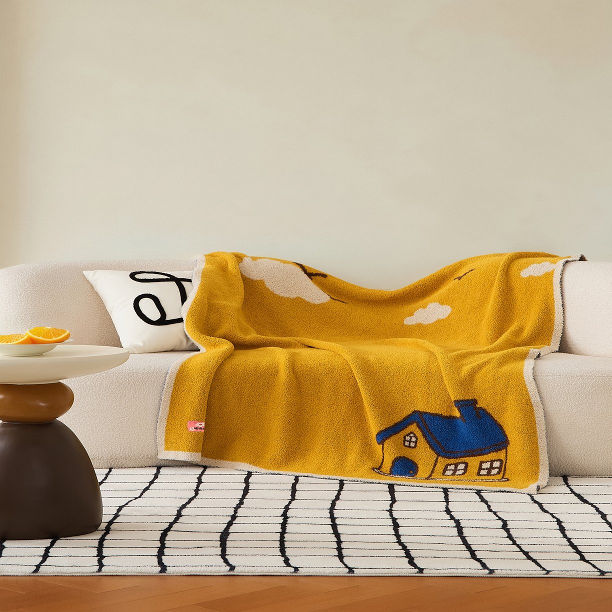 Mustard Yellow Half Fleece Knitted Throw Blanket with House Cloud Pattern and White Border