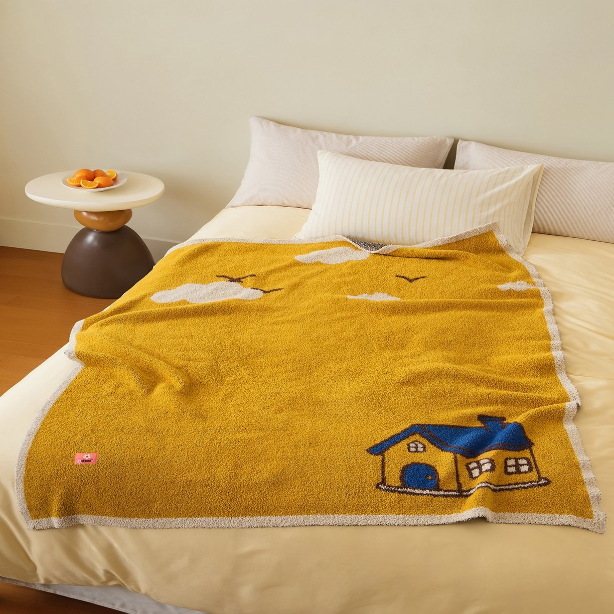 Mustard Yellow Half Fleece Knitted Throw Blanket with House Cloud Pattern and White Trim, Full Flat View