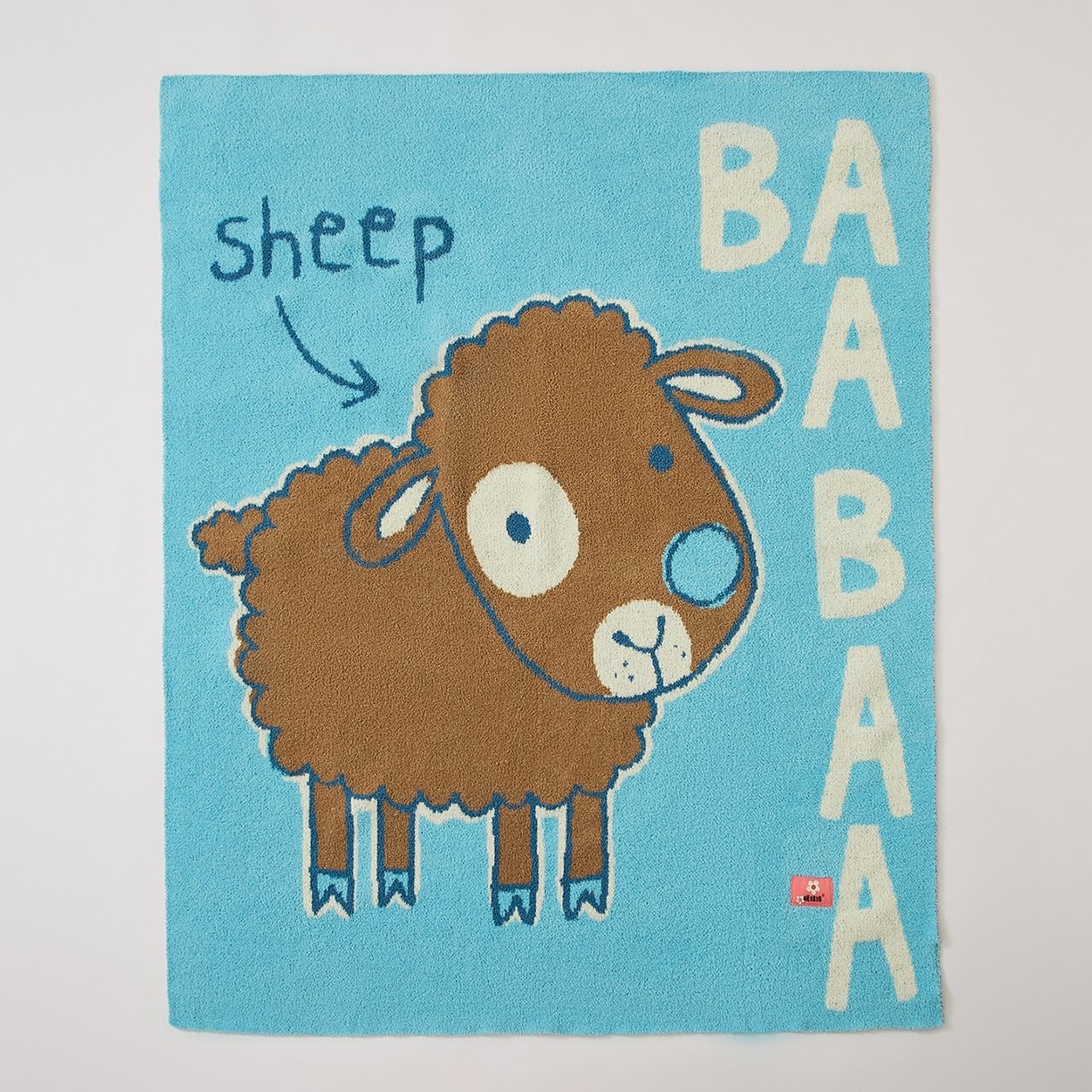 Light Blue Half Fleece Knitted Throw Blanket with Cartoon Sheep Pattern Close-up