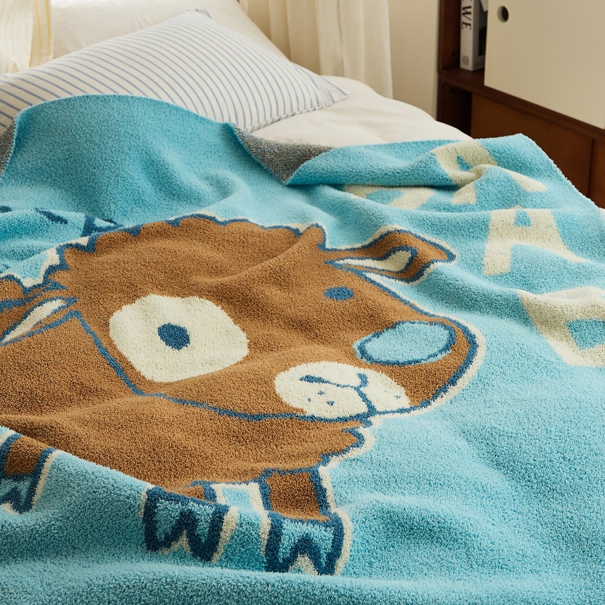 Light Blue Half Fleece Knitted Throw Blanket with Cartoon Sheep Pattern Close-up