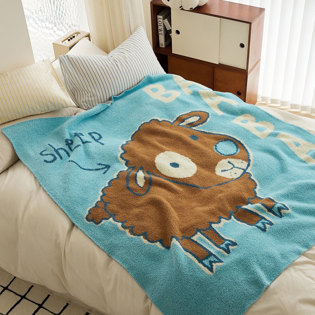 Half Fleece Knitted Throw Blanket Fuzzy Texture Close-up with Cartoon Sheep Pattern