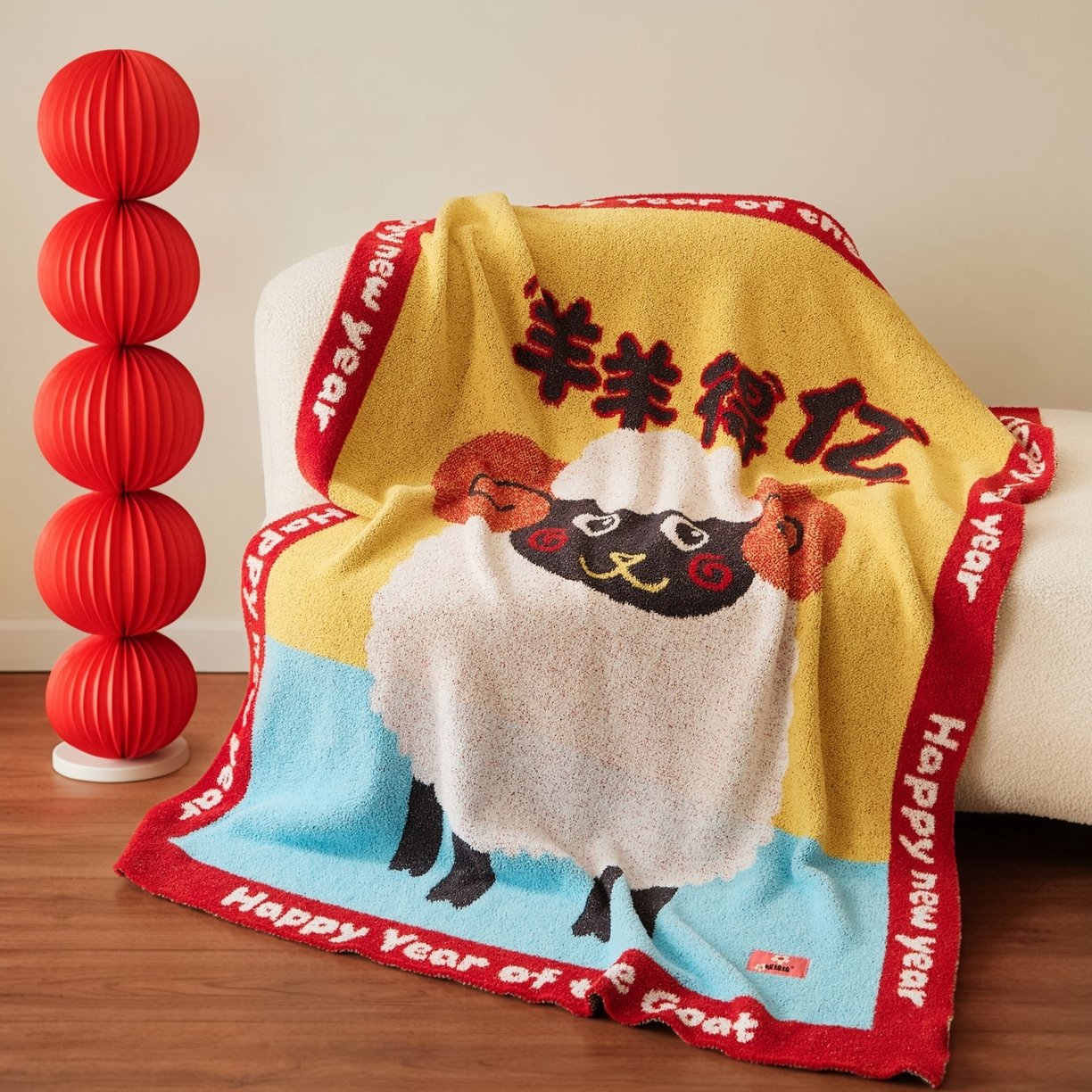 Folded Multicolor Half Fleece Jacquard Knitted Throw Blanket with Sheep Motif