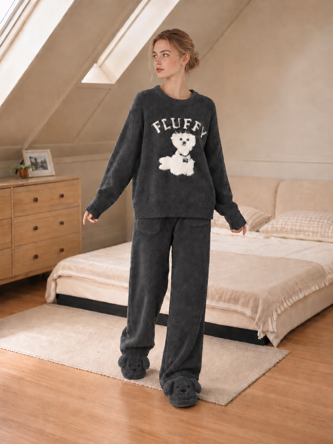 Women's Charcoal Gray Half Fleece Loungewear Set, Crew Neck Long Sleeve Top & Wide Leg Trousers, Puppy Motif with Letter Jacquard Pattern