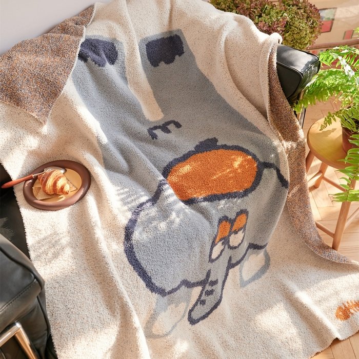 Jacquard Knitted Half Fleece Throw Blanket, Oatmeal Base with Blue Cartoon Elephant Pattern, Draped View